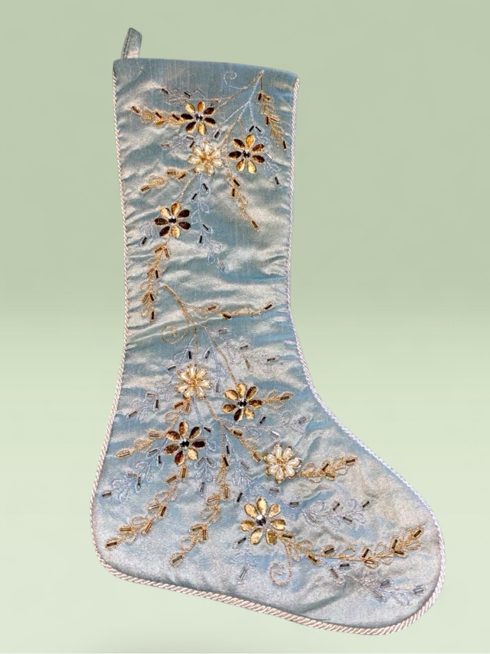 VTG Silk Satin Beaded Christmas Stocking Embroidered Floral 19” Made In India